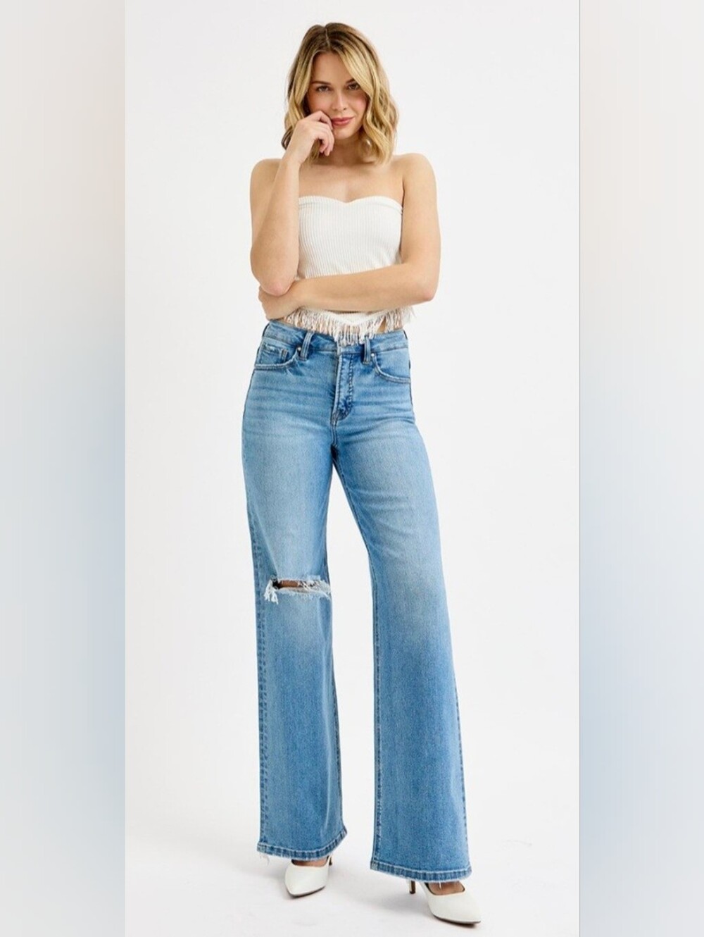 RISEN Women's Tummy Control Wide Leg Jeans Knee Distress Medium Wash HR 3/26 NEW - Picture 13 of 14